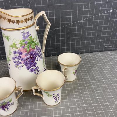 Pitcher with 4 Cups Circa 1920's Purple Flower 