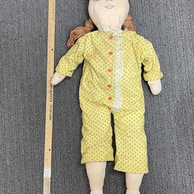 Large Vintage Toddler Sized Rag Doll with yarn Hair And Stitched face