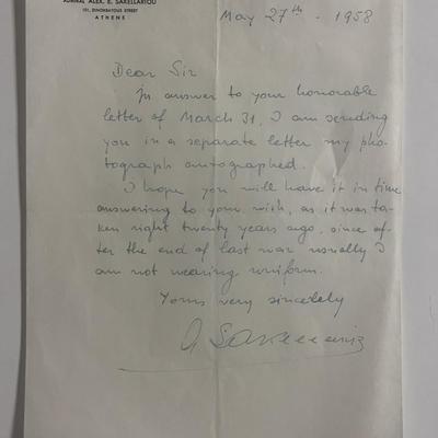 Greek Navy Admiral Alex E. Sakellariou signed 1958 letter