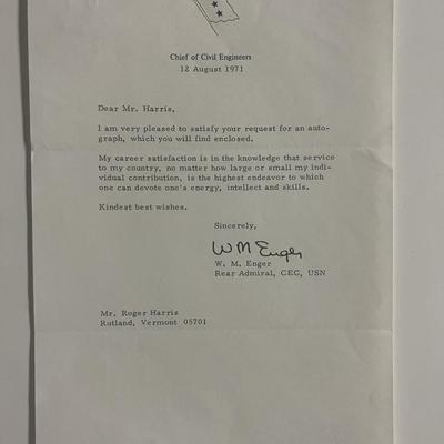 WWII US Navy Rear Admiral Walter M. Enger signed 1971 letter