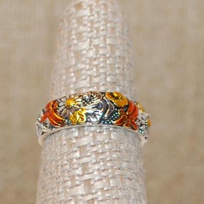 Size 7½ Colorful "Sunflowers & Dragonflies" Ring on a Silver Tone Band (3.8g)