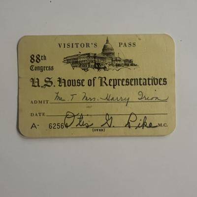 U.S. House of Representatives Otis G. Pike signed Visitor's Pass