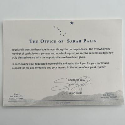 Governor of Alaska Sarah Palin facsimile card