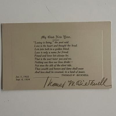 American Historian Thomas W. Bicknell signed poem