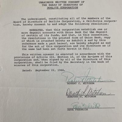 Robert Mitchum signed Dorlite Corporation Document
