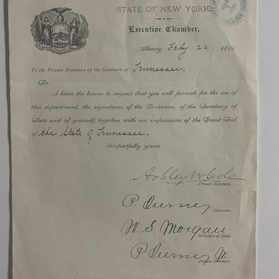 NY State Executive Chamber 1895 signed Letter to Tennessee Governor
