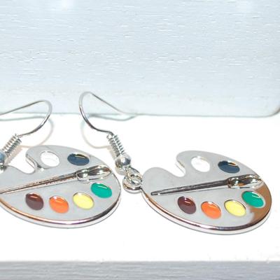 Artist Palette Style Earrings (1" x ¾") with Hook Clasp and Silver Tone Base