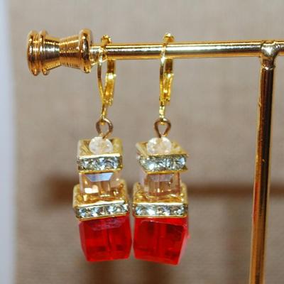 Set of Red Cube Earrings (1" x ¼") with a Gold Tone Lobster Style Clasp