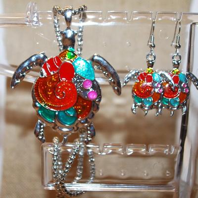 JEWELRY SET Includes Very Colorful TURTLE Earrings (1¼" x 1") with Wire Hook Clasp & PENDANT (2¾" x 2¼") on a...