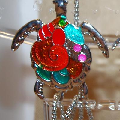 JEWELRY SET Includes Very Colorful TURTLE Earrings (1¼" x 1") with Wire Hook Clasp & PENDANT (2¾" x 2¼") on a...