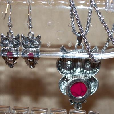 JEWELRY SET Includes Red Belly Owl Earrings (¾" x ½") with Wire Hook & PENDANT (2" x 1") on a Silver Tone...