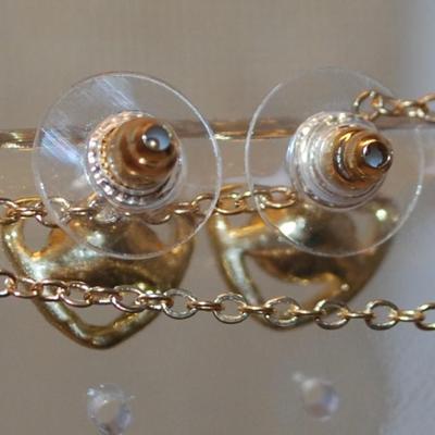 Green Hearts JEWELRY SET Includes Earrings (½") with POST Ends; ADJUSTABLE Size 7 Ring & PENDANT (½") on a Gold Tone...