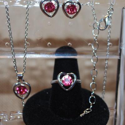 Red/Silver JEWELRY SET Includes Earrings (½") with Post Ends; ADJUSTABLE Size 7 Ring & PENDANT (½" ) on a Silver Tone...