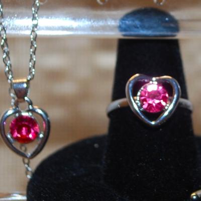 Red/Silver JEWELRY SET Includes Earrings (½") with Post Ends; ADJUSTABLE Size 7 Ring & PENDANT (½" ) on a Silver Tone...