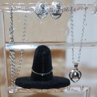 Blue Hearts JEWELRY SET Includes Earrings (½") with Post Ends; ADJUSTABLE Size 7 Ring & PENDANT (½") on a Silver Tone...