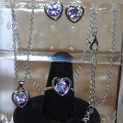 Blue Hearts JEWELRY SET Includes Earrings (½") with Post Ends; ADJUSTABLE Size 7 Ring & PENDANT (½") on a Silver Tone...