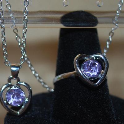 Blue Hearts JEWELRY SET Includes Earrings (½") with Post Ends; ADJUSTABLE Size 7 Ring & PENDANT (½") on a Silver Tone...
