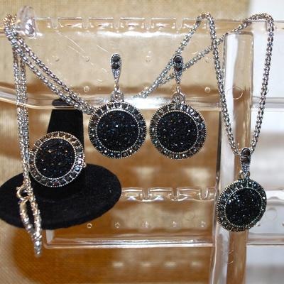 Black Circles JEWELRY SET Includes Earrings (1" Circ.) with English Lock; ADJUSTABLE Size 8 Ring & PENDANT (1" Circ.) on a...