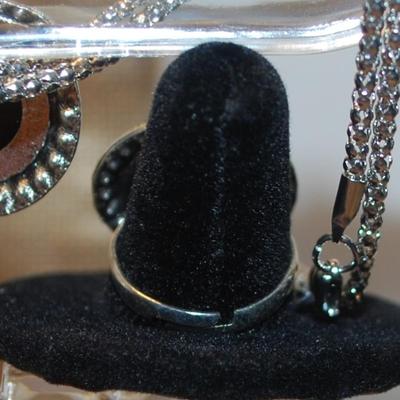 Black Circles JEWELRY SET Includes Earrings (1" Circ.) with English Lock; ADJUSTABLE Size 8 Ring & PENDANT (1" Circ.) on a...
