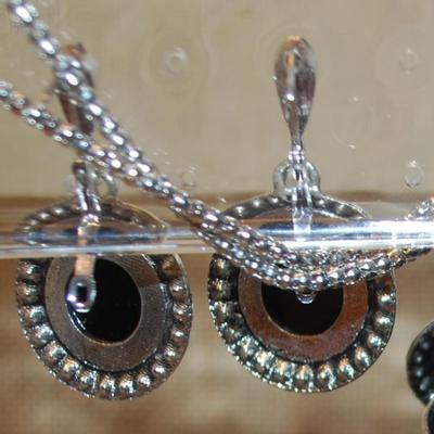 Black Circles JEWELRY SET Includes Earrings (1" Circ.) with English Lock; ADJUSTABLE Size 8 Ring & PENDANT (1" Circ.) on a...