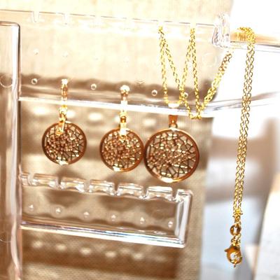 JEWELRY SET Includes Wire Grid Earrings (¾" Circ.) with English Lock Hook & PENDANT (1" Circ.) on a Gold Tone Necklace...