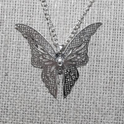 Delicate Multi-Layered Silvery Butterfly PENDANT (1½" x 1½") on a Silver Tone Necklace Chain 17" L