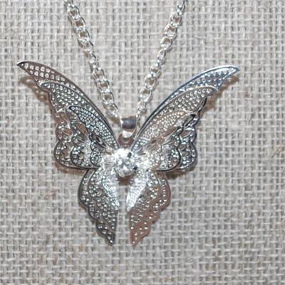 Delicate Multi-Layered Silvery Butterfly PENDANT (1½" x 1½") on a Silver Tone Necklace Chain 17" L