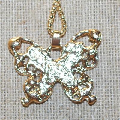 Flesh Colored Main Stones Butterfly PENDANT (1½" x 1¼") with Clear Stone Accents on a Gold Tone Necklace Chain 27" L