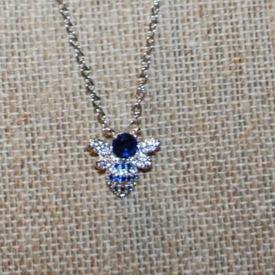Blue Bumblebee PENDANT (¾" x ¾") on a Silver Tone Necklace Chain 17" L
