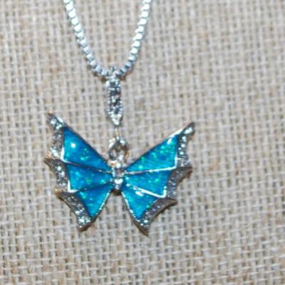 Aquamarine Enameled Butterfly PENDANT (1¼" x 1" ) on a Silver Tone ADJUSTABLE Chain 17"-19" L