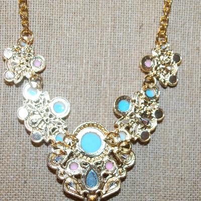 Large Swag Style Necklace (4½" x 2½") with Pink & Blue Stones on a Gold Tone Necklace Chain 14" L