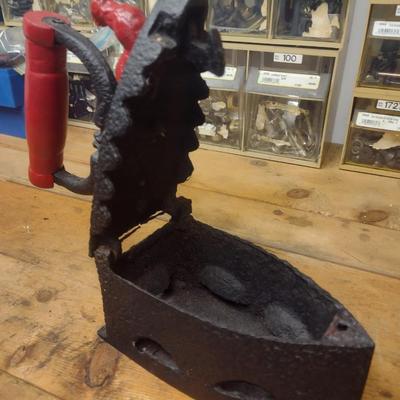 Cast Metal Reproduction Coal Iron with Rooster Finial Lock