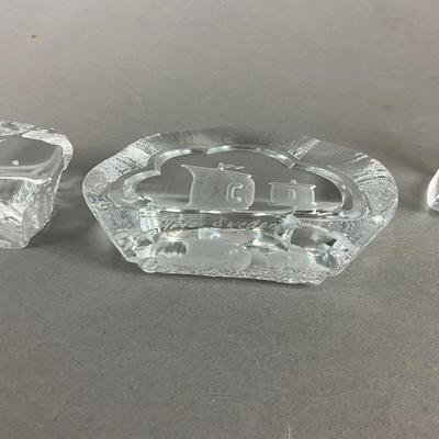 Set of 3 Glass Swedish NYBRO Paperweights and Napkin Holder