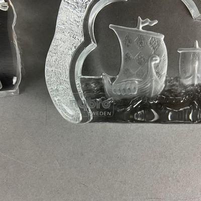 Set of 3 Glass Swedish NYBRO Paperweights and Napkin Holder