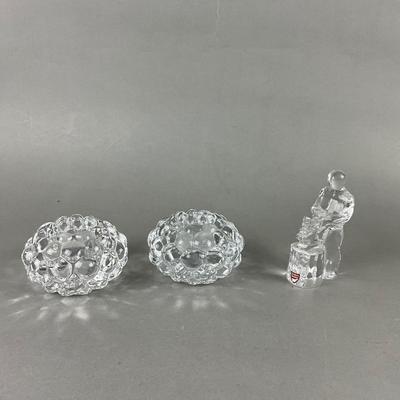421 Pair of Bubble Orrefors Candle Votives and One Crystal Blacksmith Figurine