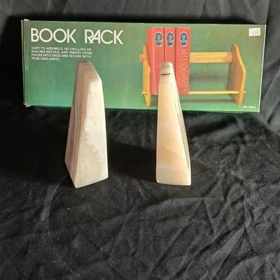 Vintage stone bookends and a wooden book rack brand new in the box