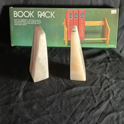 Vintage stone bookends and a wooden book rack brand new in the box