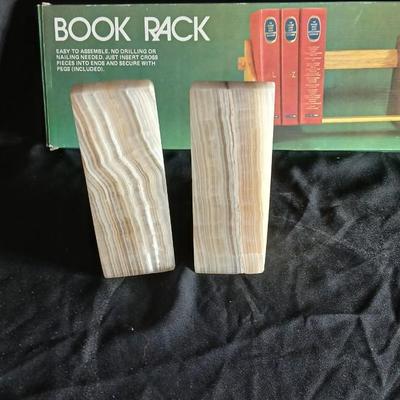 Vintage stone bookends and a wooden book rack brand new in the box