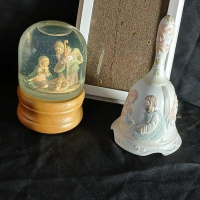 The Christopher collection LEFTON music box bell with nativity RR Marked musical Snow globe and a picture frame