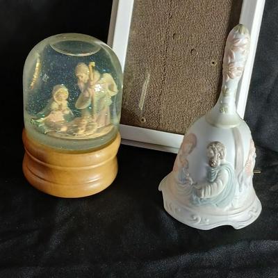 The Christopher collection LEFTON music box bell with nativity RR Marked musical Snow globe and a picture frame