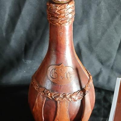 Unique leather covered GIN decanter with small Musicbox and a picture frame