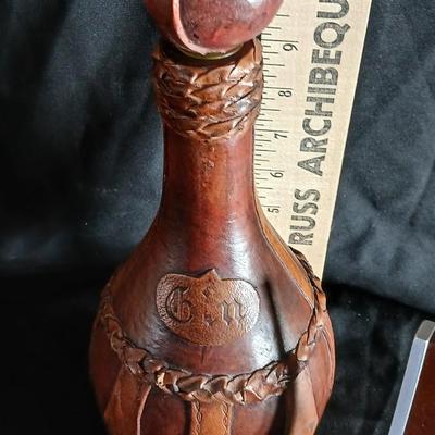 Unique leather covered GIN decanter with small Musicbox and a picture frame