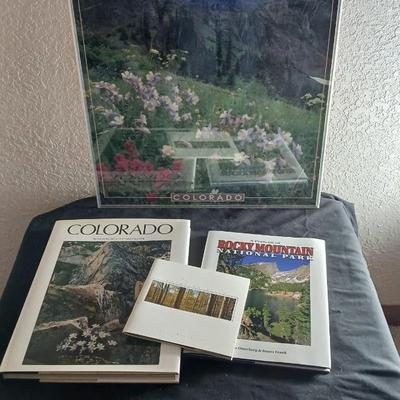 Colorado framed poster with two Colorado coffee table Oversized hardback books