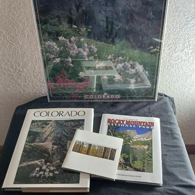 Colorado framed poster with two Colorado coffee table Oversized hardback books