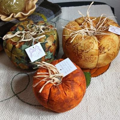 Brand new fall themed rug, throw blanket fabric handmade pumpkins, ceramic leaf dish and more