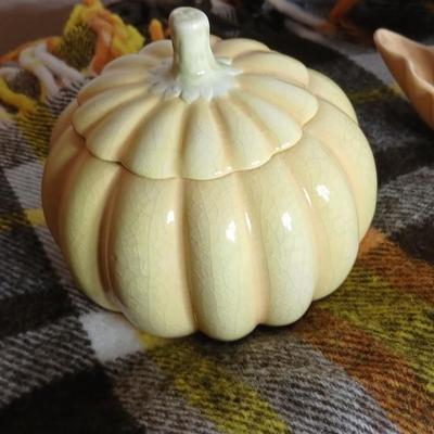 Brand new fall themed rug, throw blanket fabric handmade pumpkins, ceramic leaf dish and more