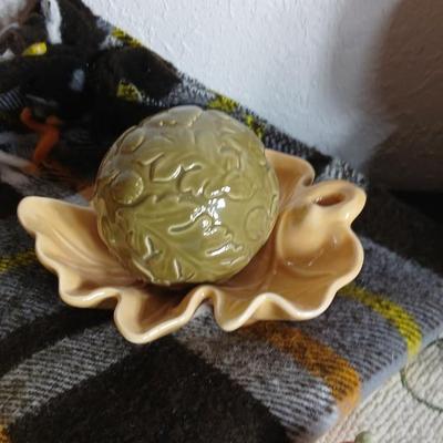 Brand new fall themed rug, throw blanket fabric handmade pumpkins, ceramic leaf dish and more