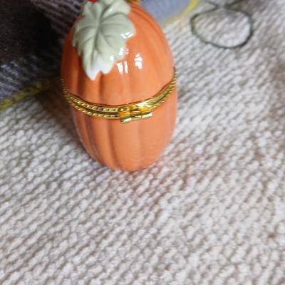 Brand new fall themed rug, throw blanket fabric handmade pumpkins, ceramic leaf dish and more