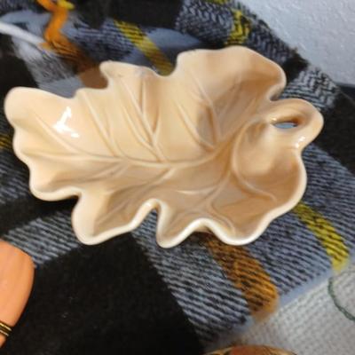 Brand new fall themed rug, throw blanket fabric handmade pumpkins, ceramic leaf dish and more