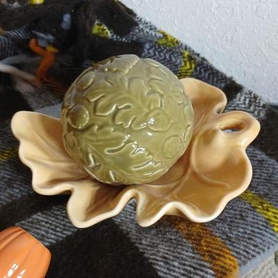 Brand new fall themed rug, throw blanket fabric handmade pumpkins, ceramic leaf dish and more